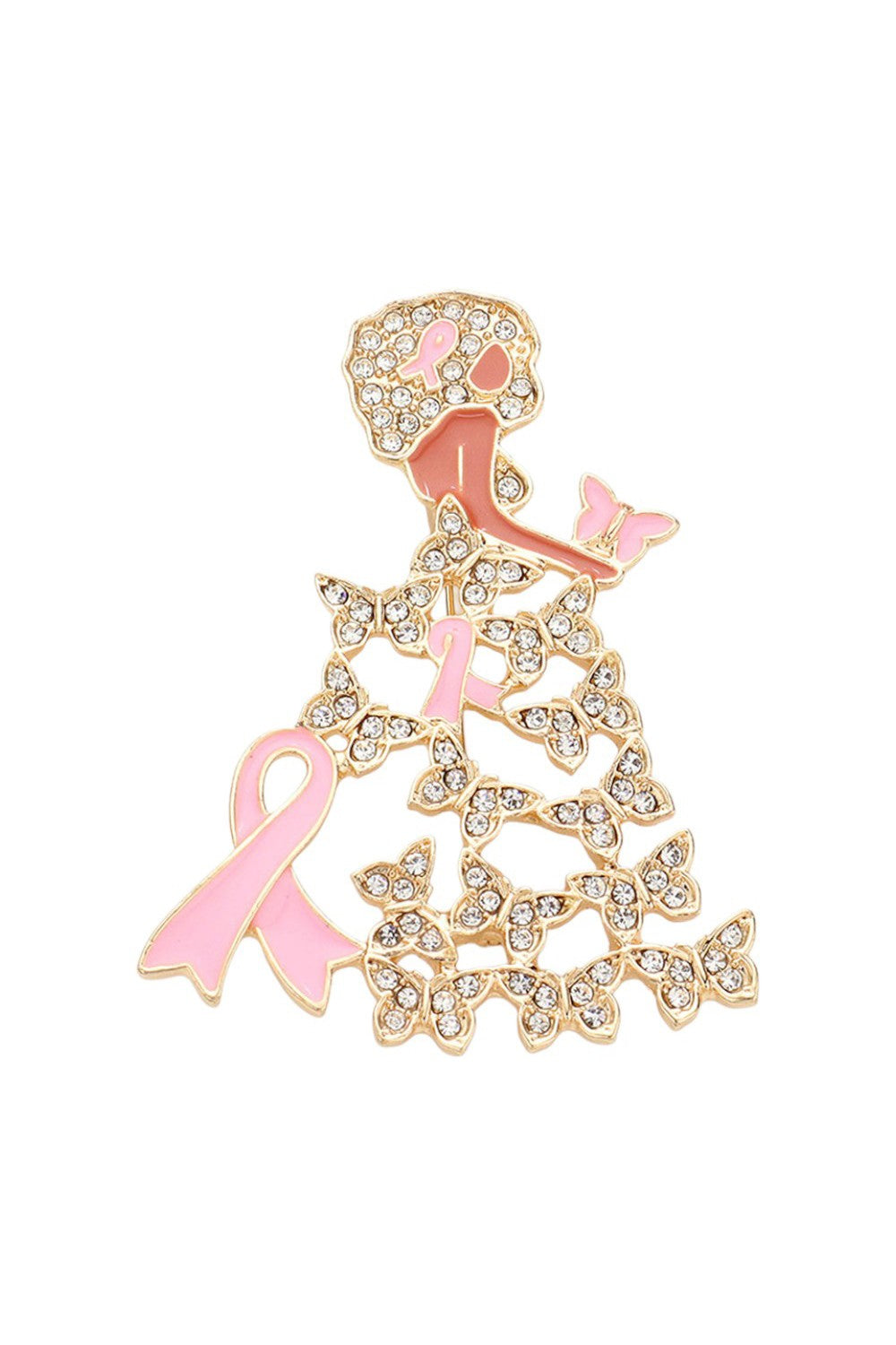 Gold Pink Butterfly Ribbon Lady Brooch