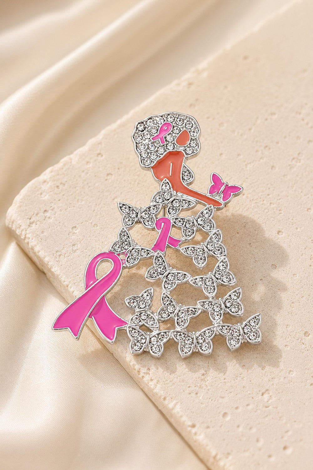 Silver Fuchsia Butterfly Ribbon Lady Brooch