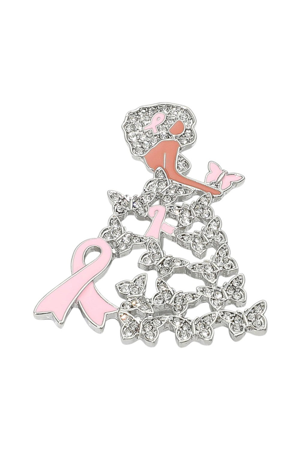 Silver Pink Butterfly Ribbon Lady Brooch