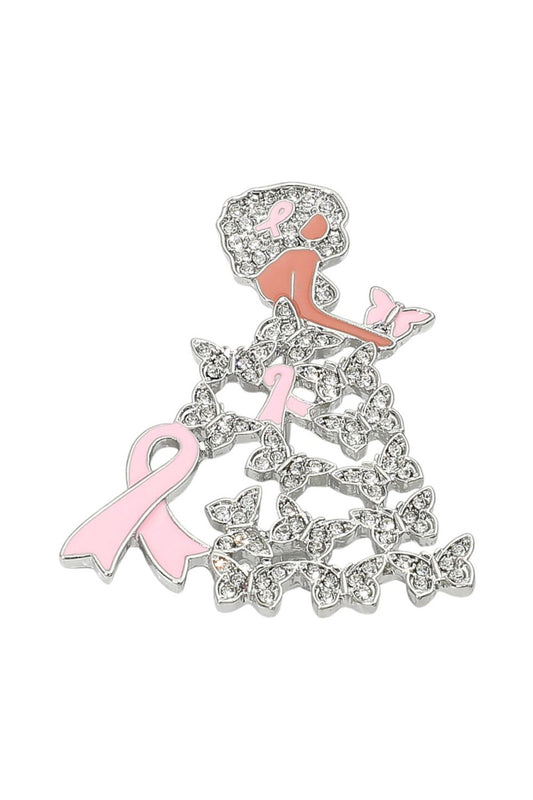 Silver Pink Butterfly Ribbon Lady Brooch